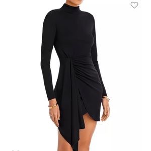 Black Long Sleeve Jersey Mock Neck Wrap Skirt Dress (Aqua)